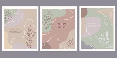 en uppsättning kreativa affischer. modern abstrakt bakgrund i pastellfärger. minimala geometriska former, botaniska växt- och blomelement, linjekonst. vektor