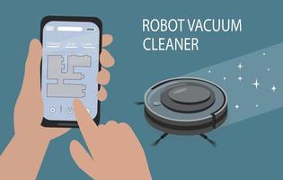 en smartphone-app för att styra robotdammsugaren. moderna smarta hushållsapparater för städning av lägenheter. smarta apparater vektor