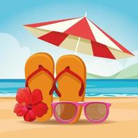 Sandalen Sonnenbrillen und Sonnenschirm am Strand vektor