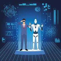 humanoider Roboter und Geschäftsmann mit futuristischen Elementen vektor