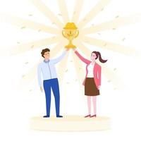 Team firar framgångskoncept, man och kvinna som tillsammans håller en gyllene kopp. vektor