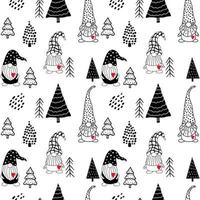 nahtloses muster mit einem niedlichen handgezeichneten gnome und einem weihnachtsbaum. Vektorhintergrund im skandinavischen Stil von Doodle-Elementen vektor