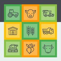 jordbruks- och jordbrukslinjeikoner set, traktor, skörd, boskap, boskapsuppfödning, jordbruksmaskiner, skördetröska, ladugård vektor