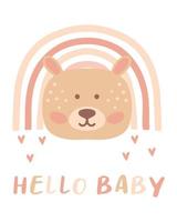 barnslig handritad illustration med söt björn och regnbåge. i barns boho-stil. vykort för födseln av ett barn. Hej älskling. vektor