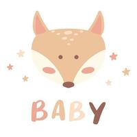 barnslig handritad illustration med söt räv och stjärnor. i barns boho-stil. vykort för födseln av ett barn. vektor