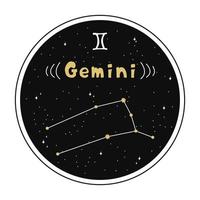 gemini. stjärntecken och stjärnbilden i en cirkel. uppsättning stjärntecken i doodle stil, handritad. vektor