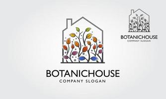 botaniska hus vektor logotyp mall. logotypens främsta symbol är en trädgård, integrera med huset. denna logotyp symboliserar ett grannskaps-, vår-, tillväxt-, natur-, ekologiskt och miljökoncept