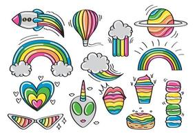 Regenbogen-Farbthema-Doodle-Kunstvektor. süße und bunte Sachen für Mädchen. vektor