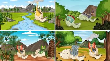 vier Szenen mit Dinosauriern im Wald vektor