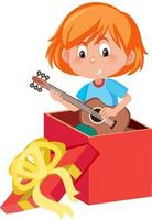 ein kleines Mädchen spielt Gitarre in der Geschenkbox auf weißem Hintergrund vektor