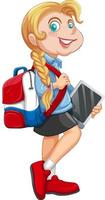Ein Mädchen, das mit Rucksack auf dem Boden steht und Tablet-Cartoon-Figur auf weißem Hintergrund hält vektor