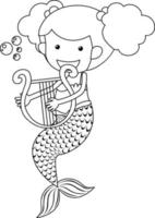 sjöjungfrun spelar harpan svart och vit doodle karaktär vektor