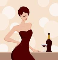Vektordatei für Modeillustrationen. modische Frau mit kurzen Haaren trägt sexy burgunderrotes Kleid. Frau trinkt Wein an der Bar.