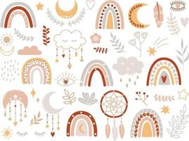 Vektor-handgezeichnete Boho-Cliparts für Kinderzimmerdekoration mit niedlichen Regenbögen, Zweigen, Mond, Sonne, Wolke, Traumfänger. vektor