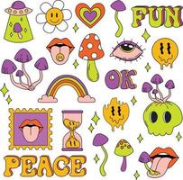 psychedelischer Aufkleber. Cartoon abstrakte groovy Comic lustige Emoji-Figuren. Vektor-Illustration-Set. vektor