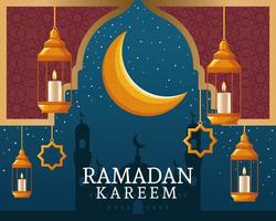 Ramadan Kareem mit abnehmendem Mond und islamischer Kunst vektor