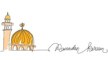 moschee und ramadan kareem text. einzeilige zeichnungsvektorillustration vektor