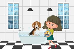 Ein Mädchen, das ihren Beagle-Hund im Badezimmer wäscht vektor