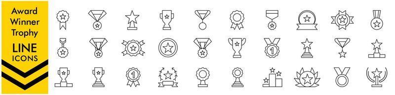 Symbole für die Auszeichnungszeile. Auszeichnungen Linie Symbolsammlung Trophäenpokal, Medaille, Gewinner, Auszeichnung, Preissymbol. Vektor