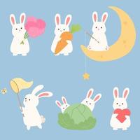 Kaninchen-Set. Hase mit Gemüse, Mond, Rute, Klee, Blumen. Netz, Schmetterling, Herz. vektor
