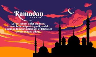 Ramadan Kareem-Grußkarten. die Silhouette der Moschee mit dem Sonnenuntergangshimmel im Hintergrund. Vektor-Illustration. vektor