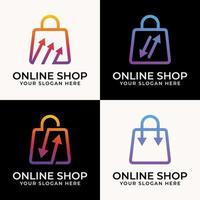 online-shop im linienkunststil mit pfeil-logo-einkaufstaschen-ikonensammlung vektor