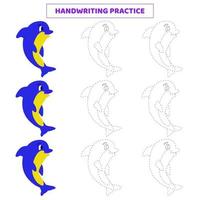handskriftsövning för barn med tecknad delfin. vektor