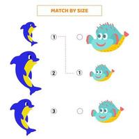 Match nach Größe für Cartoon-Delfin und Fisch.