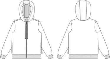 långärmad hoodie med dragkedja övergripande tekniska mode lägenheter skiss vektor illustration mall fram- och baksidan vyer isolerad på vit bakgrund. enkel redigering och anpassningsbar.
