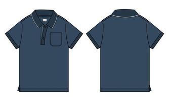 Kurzarm-Poloshirt technische Mode flache Skizze Vektor-Illustration marineblaue Farbvorlage Vorder- und Rückansichten isoliert auf weißem Hintergrund. vektor