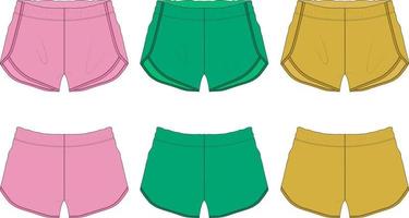 satz der sammlung mehrfarbige kurze hose insgesamt technische mode flache skizze vektorillustration vorlage von männern und frauen. bekleidung baumwollstoff sport shorts rosa, grün, gelb farbe mock-up. vektor