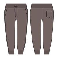 joggerbyxor mode teknisk platt skiss vektor khaki färg mall framifrån, bakifrån. slim fit sport jogger mode cad teknisk skiss vektor mock up cad.