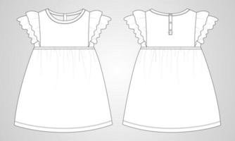 flickor klänning design teknisk platt skiss vektor illustration mall. kläder kläder håna fram och bak vyer isolerade på grå bakgrund. barn mode vektor konst ritning lätt redigerbar.