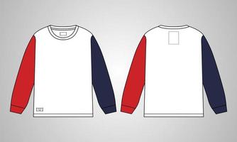 Langarm-Rundhals-T-Shirt insgesamt technische Modezeichnung flache Skizzenvorlage Vorder- und Rückansicht. Kleidung, Kleid, Design, Vektorgrafik, Mock-up, T-Shirt, Cad. einfach zu bearbeiten und anpassbar. vektor