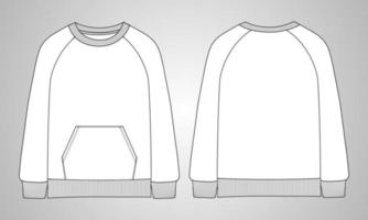 långärmad tröja med ficka övergripande teknisk mode platt skiss vektor illustration mall fram- och bakvyer.