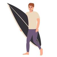 männlicher Surfer in einem modischen flachen Stil, isoliert auf weißem Hintergrund. Vektor einfache Abbildung