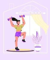 athletische sportliche junge Frau, die zu Hause trainiert, Cartoon-Vektor-Illustration. heimsport und gesunder lebensstil, fitnesstraining drinnen konzept von banner oder poster. vektor