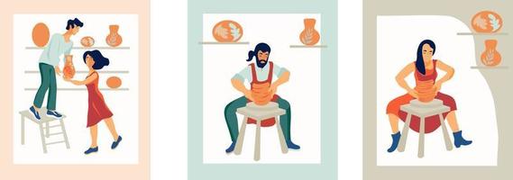 personer som keramisterna arbetar vid en krukmakarhjul i en keramikverkstad och säljer den platt vektorillustrationen av lerporslin. design för mästarklasser och hantverksbutiker, logotyp. vektor