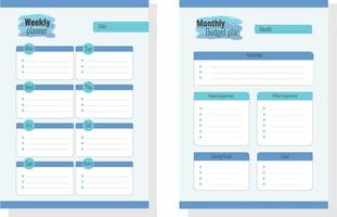 Seitenvorlagen für Budgetplaner. Wochen- und Monatsplaner. Organisatorseite, Tagebuch und Kontrollbuch. grafisches organisationspapier, blauer farbvektorsatz. vektor