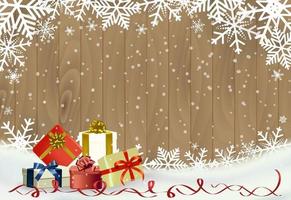 Weihnachts- und guten Rutsch ins Neue Jahr-Hintergrund mit Schneeflocke auf Holz mit Geschenken vektor