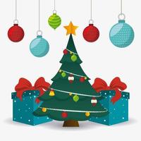 Glad julkortdesign med hängande ornament och gåvor runt trädet vektor