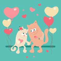 Söta tecknade katter i kärlek på en gunga med ballonger vektor