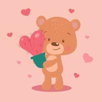 Tecknad björn med en hjärtformad kaktus för alla hjärtans dag vektor