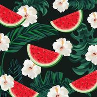 Tropische Wassermelone mit Blumen- und Blatthintergrund vektor