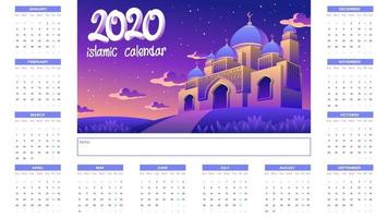 Islamischer Kalender 2020 mit goldener Moschee nachts vektor