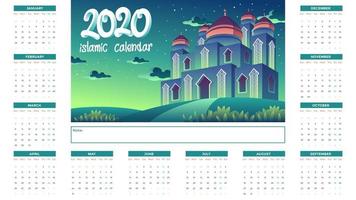 Islamischer Kalender 2020 mit grüner Moschee nachts vektor