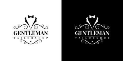 Gentleman Fliege Smoking Anzug Mode Schneider Kleidung Vintage klassischer Logo-Design-Vektor vektor