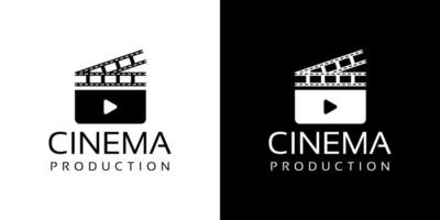 biograf film film logo design med klaffbräda och filmremsa vektor