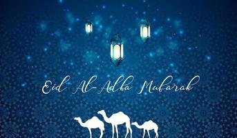 vektorillustration des blauen grußhintergrundes von eid al adha mit arabischer laterne und kamelen vektor