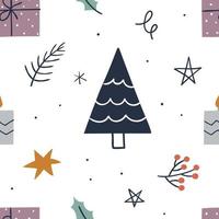 weihnachtsnahtloses muster mit baum, geschenken, sternen, kerze. Hintergrund für Geschenkpapier, Grußkarten, Kleidung.